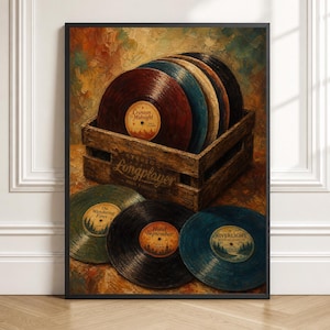 Może przedstawiać: Wydruk w stylu obrazu olejnego przedstawiający drewnianą skrzynkę wypełnioną płytami winylowymi. Skrzynka ma napis Stereo Longplayer High Fidelity. Kilka płyt znajduje się wewnątrz skrzynki, a trzy kolejne umieszczono z przodu, z etykietami Crimson Midnight, The Wandering Fires, Hotel September oraz Riverlight.