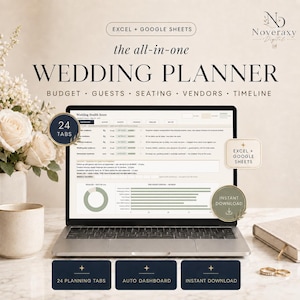 Peut inclure: Un planificateur de mariage numérique pour Excel et Google Sheets affiché sur un écran d'ordinateur portable. L'interface comprend un tableau de bord avec 24 onglets, des outils de suivi de budget, d'invités, de places, de prestataires et de planning.