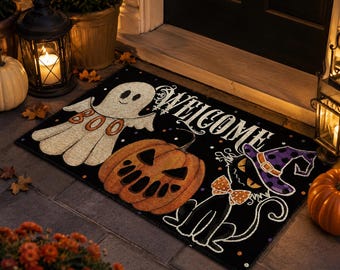 Halloween-Fußmatte mit Geister-Kürbis-Motiv und schwarzer Katze, gruselige Herbstdekoration für die Veranda