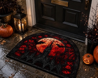Zerbino gotico a mezza luna, tappeto per la porta d'ingresso di Halloween, zerbino con cattedrale e luna di sangue, tappeto per ingresso in stile dark academia, decorazioni per la casa a tema vampiri