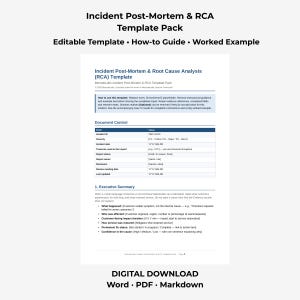 Incident Post-Mortem Template & Blameless RCA Guide | Word, PDF, Markdown | SRE, DevOps Root Cause Analysis Report