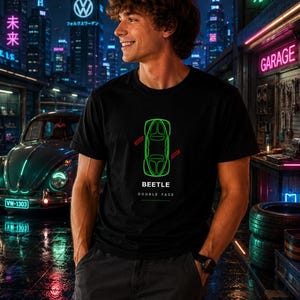 VW Beetle Double Face T-Shirt — Both Doors Open Neon Art | Classic Bug Gift | Vintage Volkswagen Tee | Car Lover Shirt