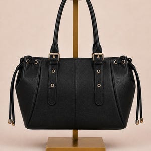 Peut inclure: Un sac à main noir texturé doté de deux anses avec boucles dorées, de cordons de serrage latéraux avec embouts métalliques dorés et d'une couture verticale centrale. Le sac présente des œillets et des détails métalliques dorés sur l'extérieur.