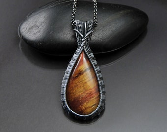 Tiger Eye, Hand woven, Sterling silver, Cabochon Pendant