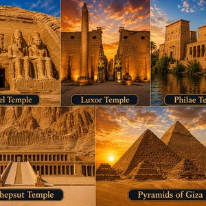 May include: A collage of five Egyptian landmarks: the Abu Simbel Temple with stone statues, the illuminated Luxor Temple, the Philae Temple by water, the Hatshepsut Temple carved into a cliff, and the Pyramids of Giza at sunset with labels.