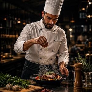 May include: A chef wearing a white double-breasted jacket with black buttons and a tall white toque hat sprinkles seasoning over a seared steak served in a black bowl. The dish is garnished with fresh green herbs and surrounded by vegetables.