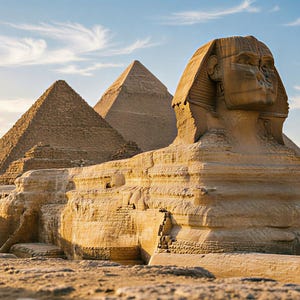 May include: The Great Sphinx of Giza, a large limestone statue with the body of a lion and a human head, stands in the foreground. Behind it, two large stone pyramids rise against a clear blue sky with wispy clouds during the golden hour.