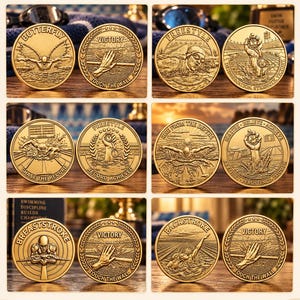 Peut inclure: Pièces de défi de natation en laiton massif avec des images de natation en relief et du texte incluant Butterfly, Freestyle, Breaststroke, Backstroke, Victory, Touch The Wall, Chase The Record, Record Achieved, Rise From The Depths et Breathe Believe Achieve.