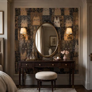 May include: A dark wood vanity table with four drawers and a matching upholstered stool. An oval mirror hangs above the table, flanked by two wall-mounted lamps. The wall behind features wallpaper with a repeating pattern of stylized cat faces.