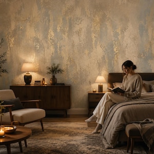 Può includere: Una camera da letto con una parete dalla finitura strutturata e screziata nei toni dell'oro, del beige e del blu tenue. La stanza comprende una credenza in legno scuro, una poltrona beige, un tavolino rotondo in legno e un letto con biancheria neutra.
