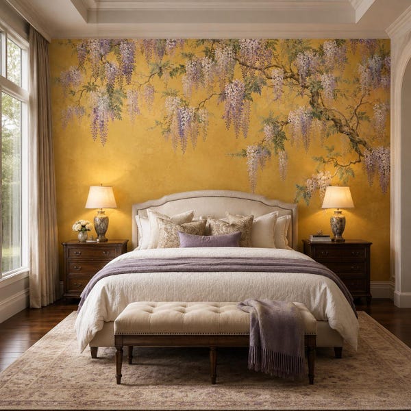 Mustard Gold Wisteria Wall Mural, Vintage Chinoiserie Peel and Stick Canvas Wallpaper for Living Room