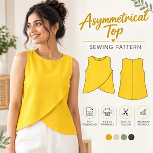 Może przedstawiać: Cyfrowy wykroj krawiecki na asymetryczny top z tekstem Asymmetrical Top SEWING PATTERN, PDF DOWNLOAD, A4 & A0 PRINTABLE, EASY TO FOLLOW, BEGINNER FRIENDLY oraz ilustracją żółtego topu bez rękawów.