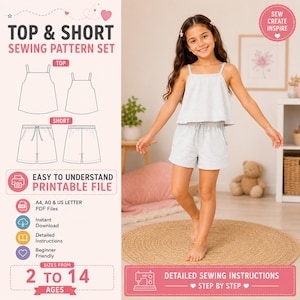 Peut inclure: Un ensemble de patrons de couture pour haut et short, incluant des dessins techniques des vêtements, le texte TOP & SHORT SEWING PATTERN SET, et une photo d'un enfant portant un haut à bretelles gris clair et un short assorti à taille élastique.