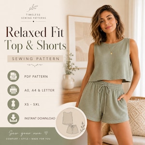 Può includere: Un cartamodello per un set composto da top e pantaloncini dalla vestibilità rilassata, con il testo Timeless Sewing Patterns, Relaxed Fit Top & Shorts, Sewing Pattern, PDF Pattern, A0, A4 & Letter, XS - 5XL e Instant Download.