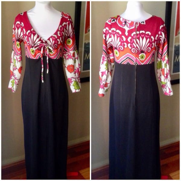 Vintage 1970s Psychedelic Black, Pink & Red Maxi Dress | 36 Bust | Boho Evening Dress