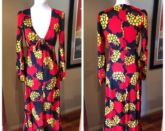 Vintage 1970s Red, Black & Yellow Floral Evening Dress | 32-34 Bust | Tiki Party Dress | NAIDOC Ball