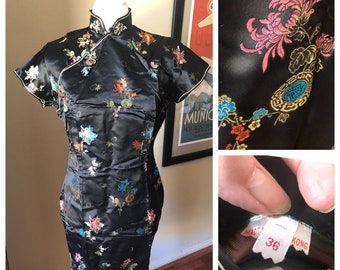 Vintage 1960s Black Satin Jacquard Floral Cheongsam/Qipao Dress | 1960s dress | 36 Bust