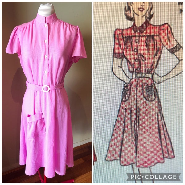 Vinatge 1970s does 1940s Checked Pink Dress | 34 Bust | Repro Dress | Lindy Hop | 1940s style