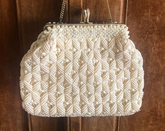 Vintage 1950s Cream Crocheted Nylon Thread Hand Bag | 1950s Evening Bag | 1950s Bag