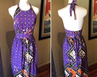 Vintage 1970s Purple Floral 'Debbie Loo' Halter Maxi Dress | 32 Bust | 70s Purple Hippy dress