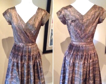 Vintage 1950s Paisley Pleated Dress by Elegance | 32 Bust | Full Skirted 1950s Dress