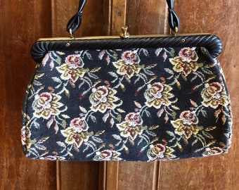 Vintage 1950s Navy Blue, Floral Petit Point/Tapestry Handbag | 1950s handbag | Tapestry Bag