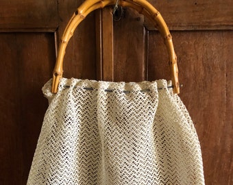 Vintage 1950s Netted Handbag with Cane Handles | 1950s Shopping Bag | 1950s Beach Bag | Mid-Century Bag