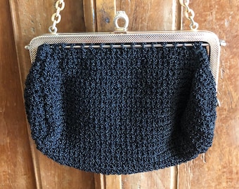 Vintage late 1950s Black Crocheted Nylon Evening Bag | 50s Black Handbag | 1950s style