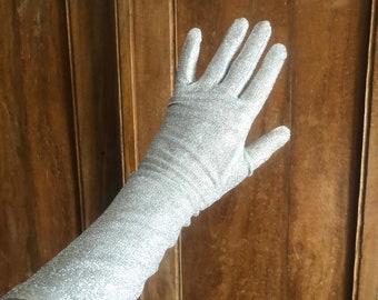 Vintage late 1950s Silver Lurex Thread 8-button Length Evening Gloves | 1950s Gloves