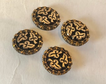 Vintage 1930s Glass Buttons with Gold Leaf Motif x 4 | 1930s Glass Buttons