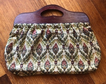 Vintage 1950s Wooden Handled Tapestry Style Knitting Bag | 1950s Knitting Bag | !950s
