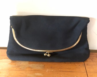 Vintage Late 1940s Black Rayon Evening Clutch Bag | 1940s fold bag