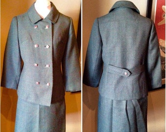 Vintage 1950s Green Wool Suit Set | Double-Breasted Coat, A-Line Skirt, 36 Bust