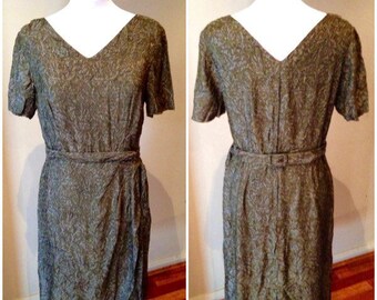 Vintage 1950s Olive Damask Party Dress with Sash | 38 Bust | 50s dress