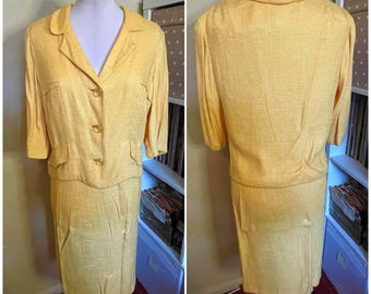 Vintage 1950s Yellow Ladies Linen Jacket and Skirt Suit: 39 Bust, larger size