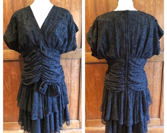 Vintage Mid 1980s Black and Ruffled Party Dress | Purple Patch Dress | 40.5 Bust