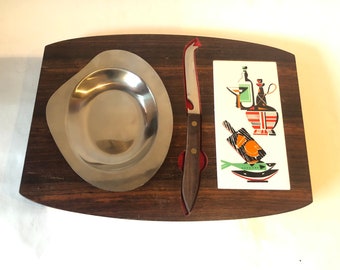 Vintage 1960s Wooden Cheese Board with Tile, Knife & Bowl | 1960s Cheese Board