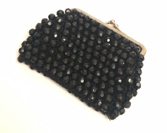 Vintage 1950s 'Lanza' Plastic Black Beaded Purse | 1950s Ladies Beaded Purse