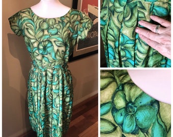 Vintage 1950s Green and Blue Foral Dress | Bust 37 | 1950s green dress