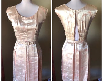 Vintage 1950s Powder Pink Damask Evening Dress | Bust 30 | 1950s Cocktail Dress As IS