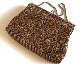 Vintage late 1950s Shimmering Bronze Glass Beaded Evening Bag | 1950s Beaded Bag