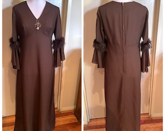 Vintage 1970s Chocolate Brown Feathered En-Ka Evening Dress: 36 Bust