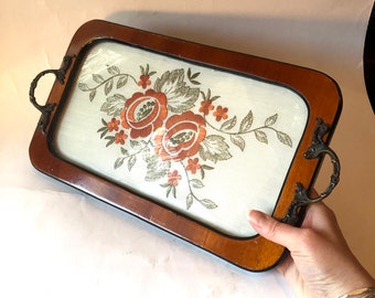 Vintage 1950s Wooden Serving Tray with Embroidery | 1950s Serving Tray