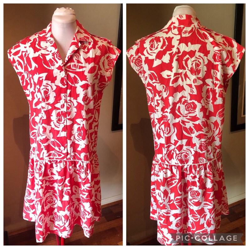 Vintage early 1980s does 1920s Cotton Red Dress 37 Bust 1980s Dropwaist Dress image 1