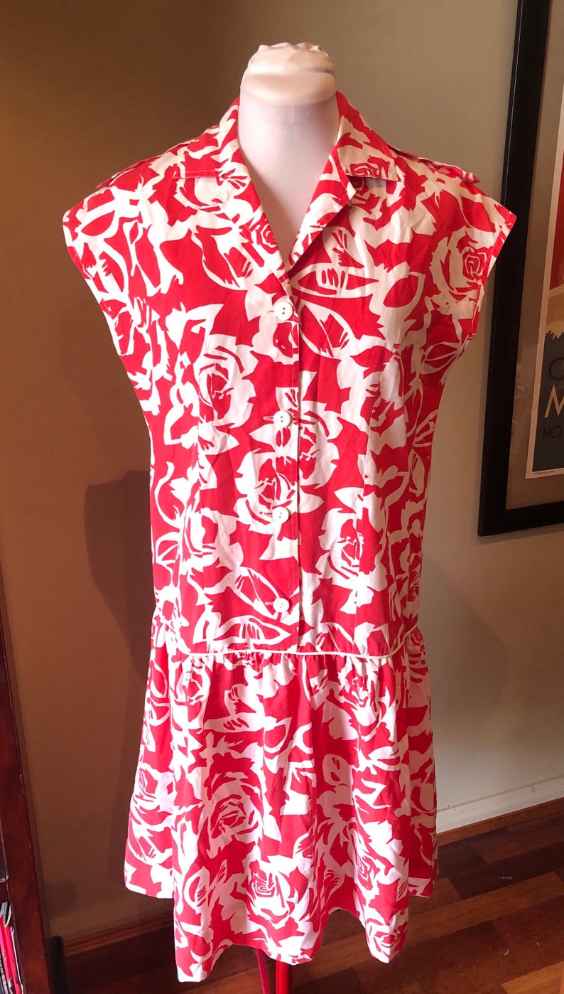 Vintage early 1980s does 1920s Cotton Red Dress 37 Bust 1980s Dropwaist Dress image 4