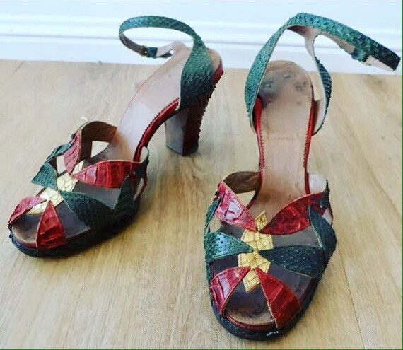 1940s Multi-Coloured Peep Toe Shoes | Ankle Straps