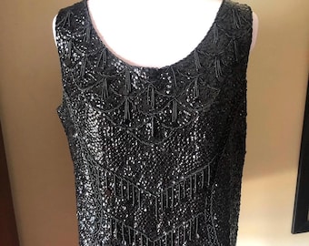 Vintage 1960s Schwarzes Playfair Abend-Top mit Perlen & Pailletten: 40 Büste