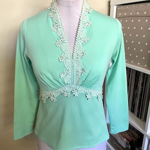Vintage 1970s Spearmint Green Blouse with Pearl Studs | 33 bust | 1970s Green Blouse | As Is