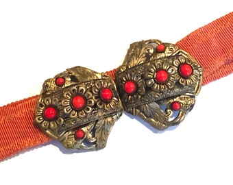 Vintage Early 1930s Two-Piece Brass Buckle With Coral/Cinnabar Accents | 1930s Belt Buckle