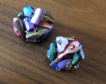 Vintage Early 1960s Shell & Bead Multi-Coloured Clip-On Earrings | 1960s Earrings